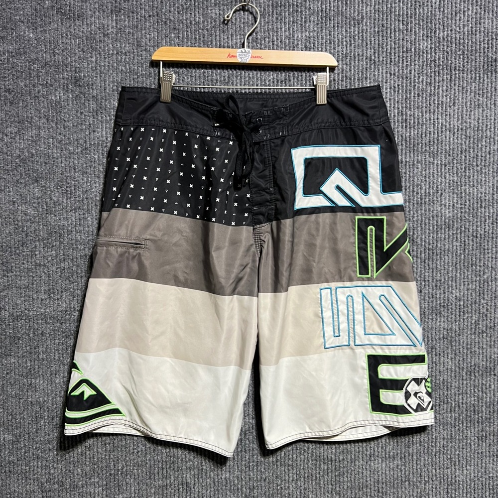 Quiksilver Board Shorts Mens 36 Black Multi Colorblock Neon Logo Surf Swimwear